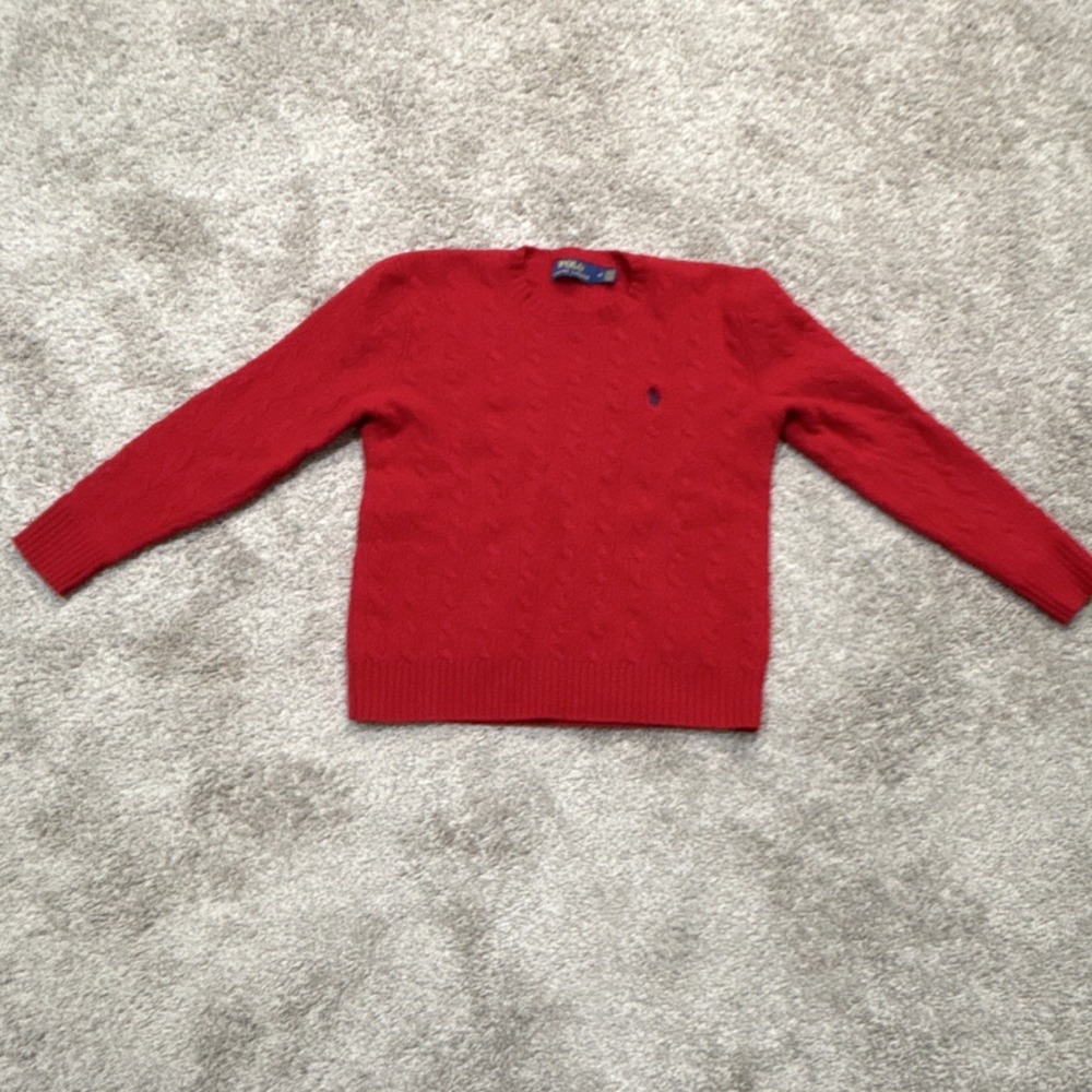 Polo Ralph Lauren Boys Red Cable-Knit Crewneck Wool Logo Sweater Size M